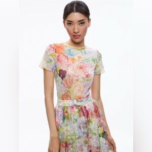 Alice + Olivia Delaina floral mesh short sleeve top, small